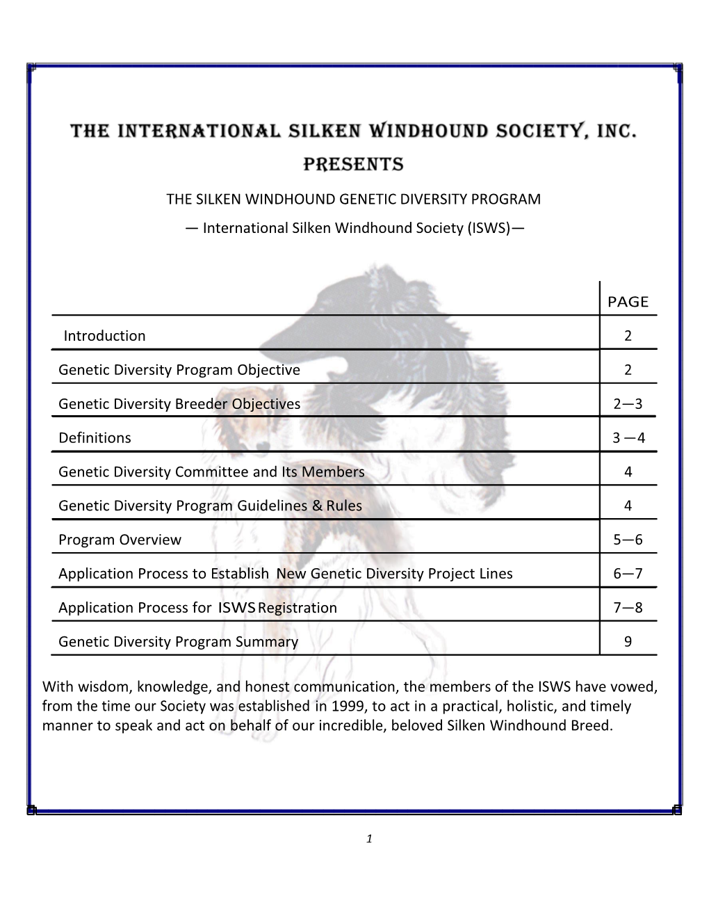 THE SILKEN WINDHOUND GENETIC DIVERSITY PROGRAM — International Silken Windhound Society (ISWS)—