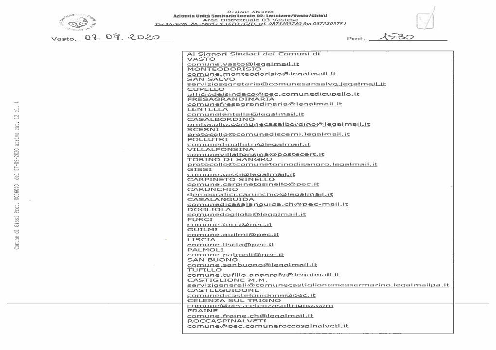 Mendaunilsnnflarialocaieo2-Lanciano/Vasto/Chicti (3'\C) Vasto,O O. DZQ Prot. Ai Signori Sindaci Dei Comuni Di VASTO Comune.Vas