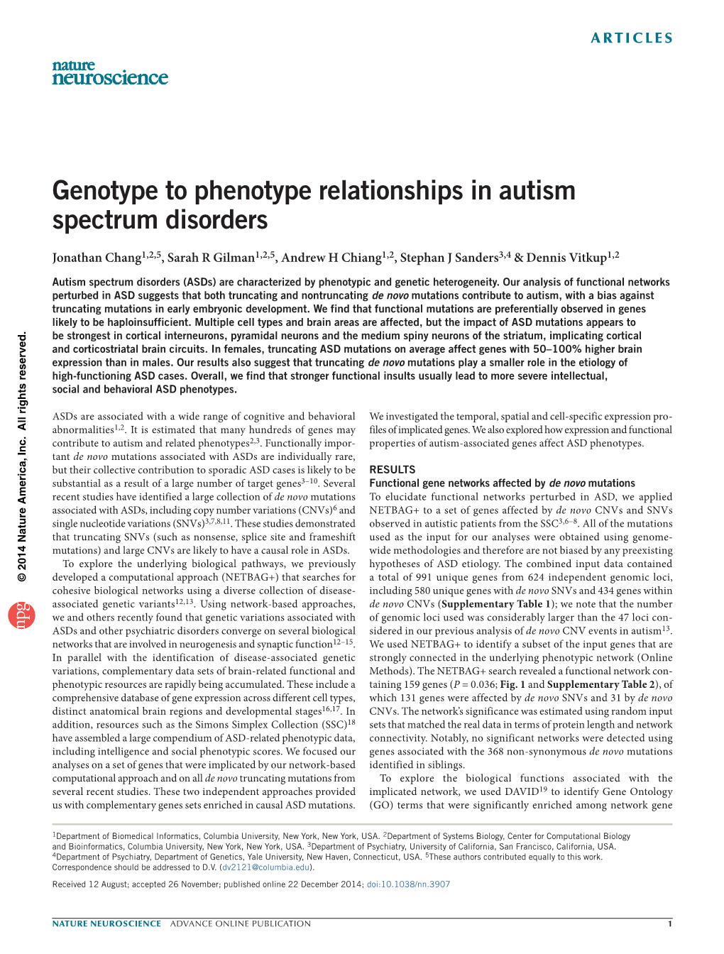 Genotype to Phenotype Relationships in Autism Spectrum Disorders