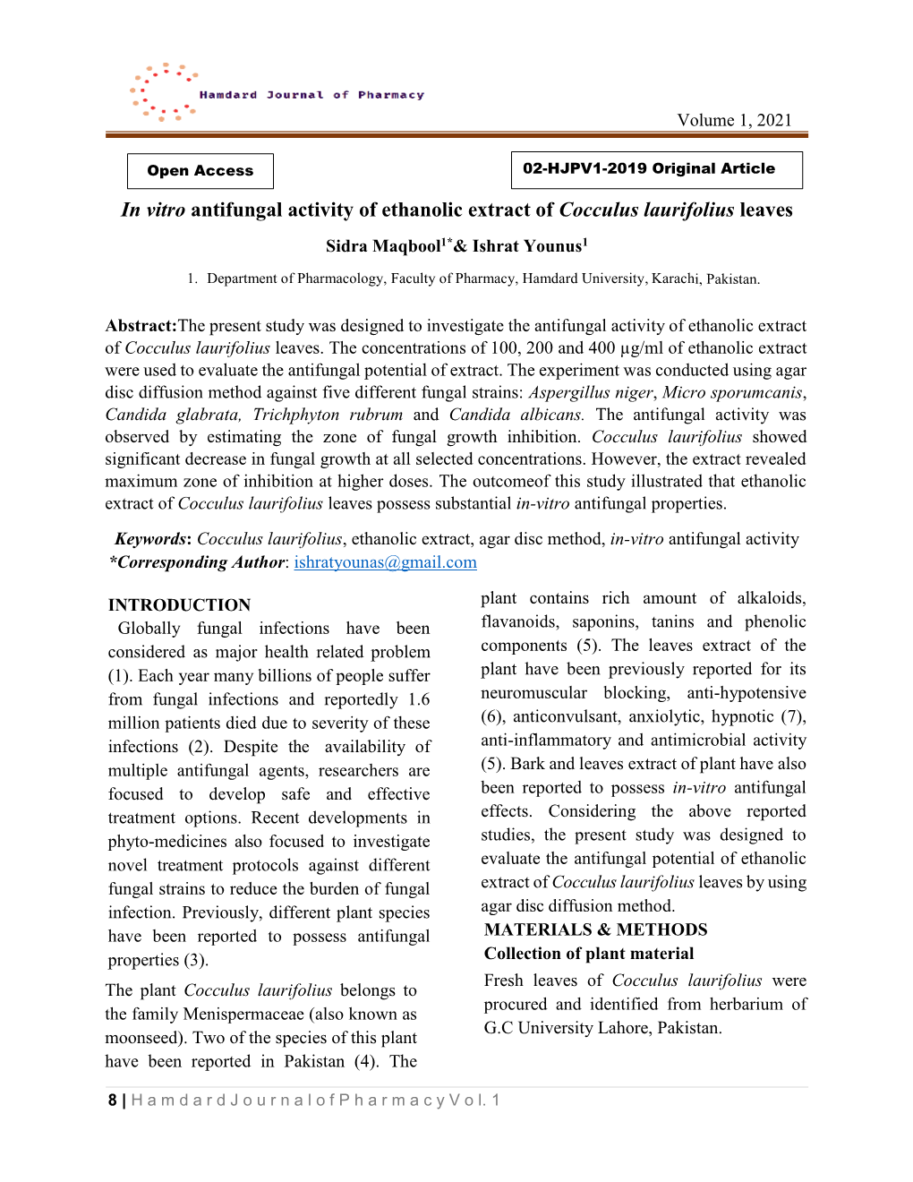 In Vitro Antifungal Activity of Ethanolic Extract of Cocculus Laurifolius Leaves