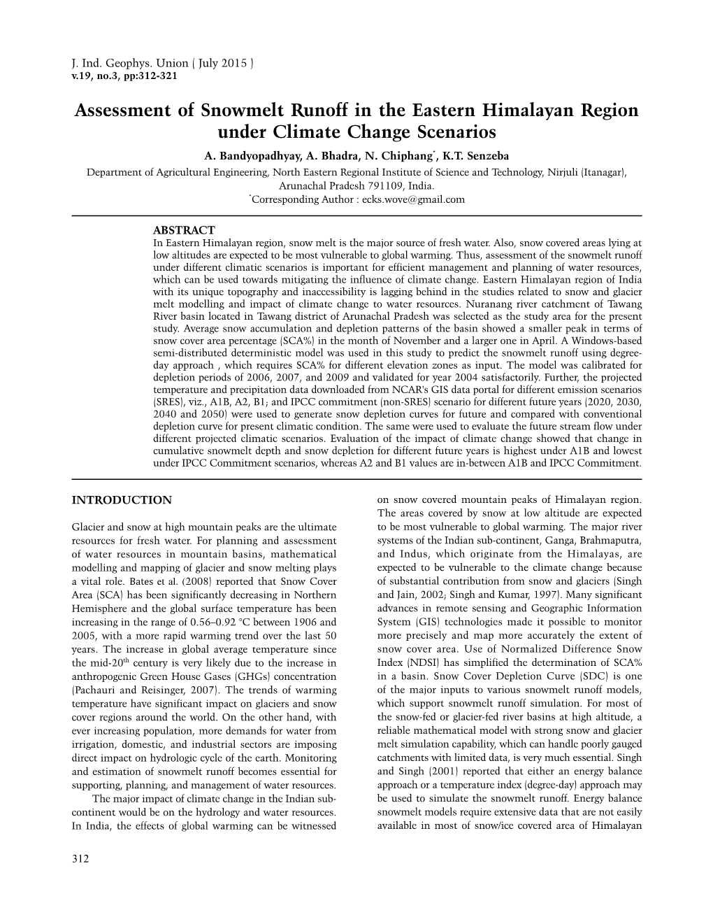 Assessment of Snowmelt Runoff in the Eastern Himalayan Region Under Climate Change Scenarios A