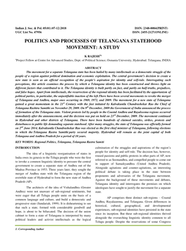Politics and Processes of Telangana Statehood Movement: a Study
