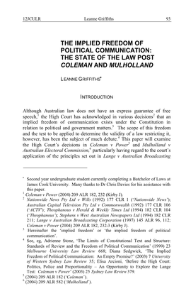 The Implied Freedom of Political Communication: the State of the Law Post Coleman and Mulholland