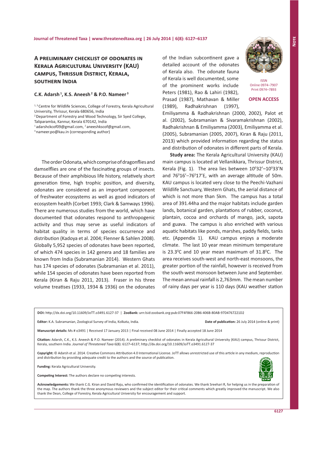 A Preliminary Checklist of Odonates in Kerala Agricultural University (KAU) Campus, Thrissur District, Kerala, Southern India