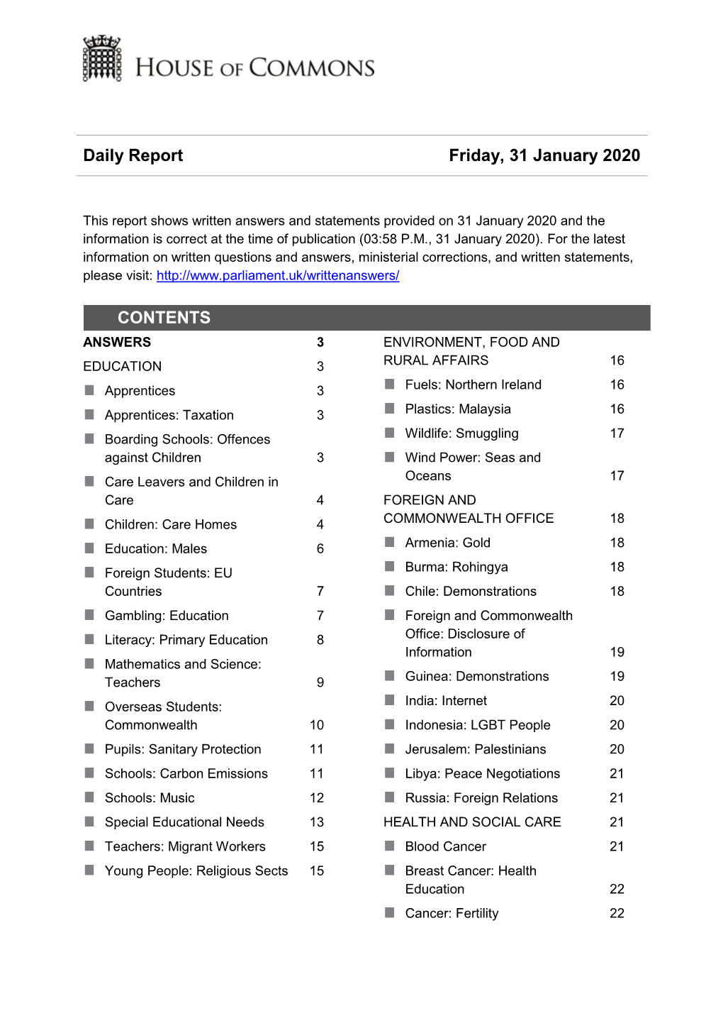 Daily Report Friday, 31 January 2020 CONTENTS