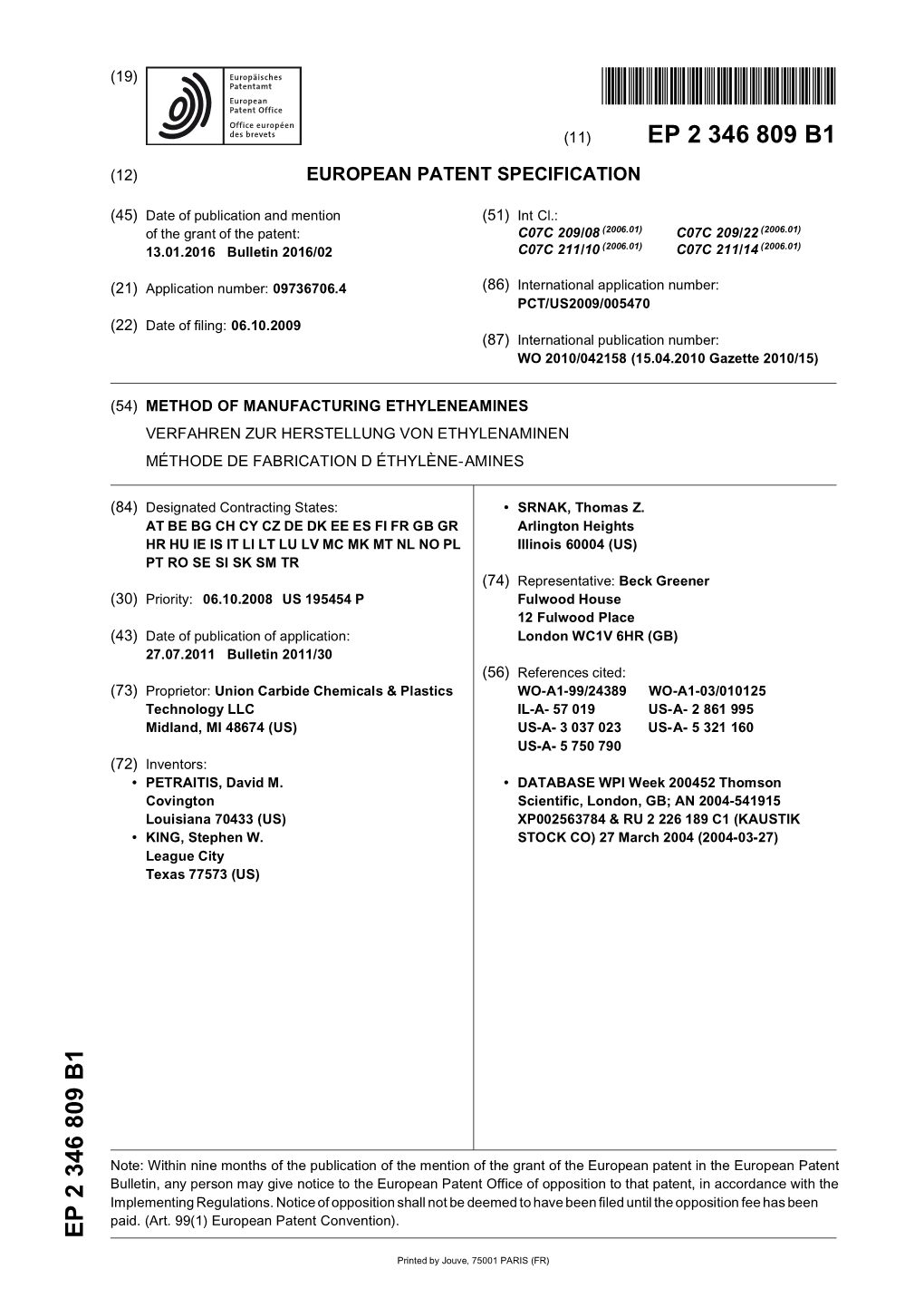 Method of Manufacturing Ethyleneamines Verfahren Zur Herstellung Von Ethylenaminen Méthode De Fabrication D Éthylène-Amines