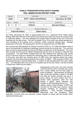 Public Transportation Safety Board Rail Abbreviated Report Form