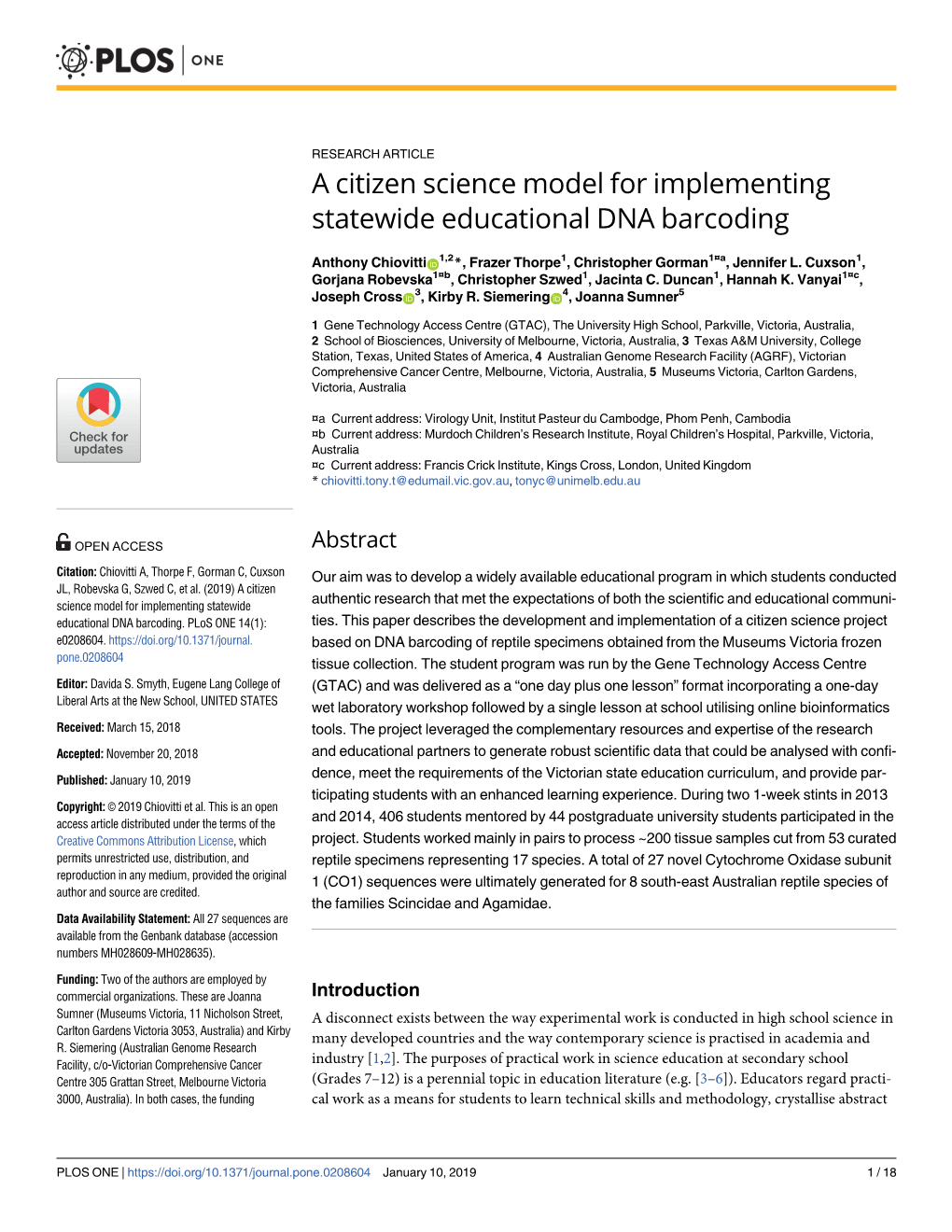 A Citizen Science Model for Implementing Statewide Educational DNA Barcoding