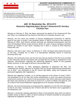 ANC 3C Resolution No. 2016-013 Resolution Regarding Mayor Bowser’S Homeward DC Omnibus Facilities Plan