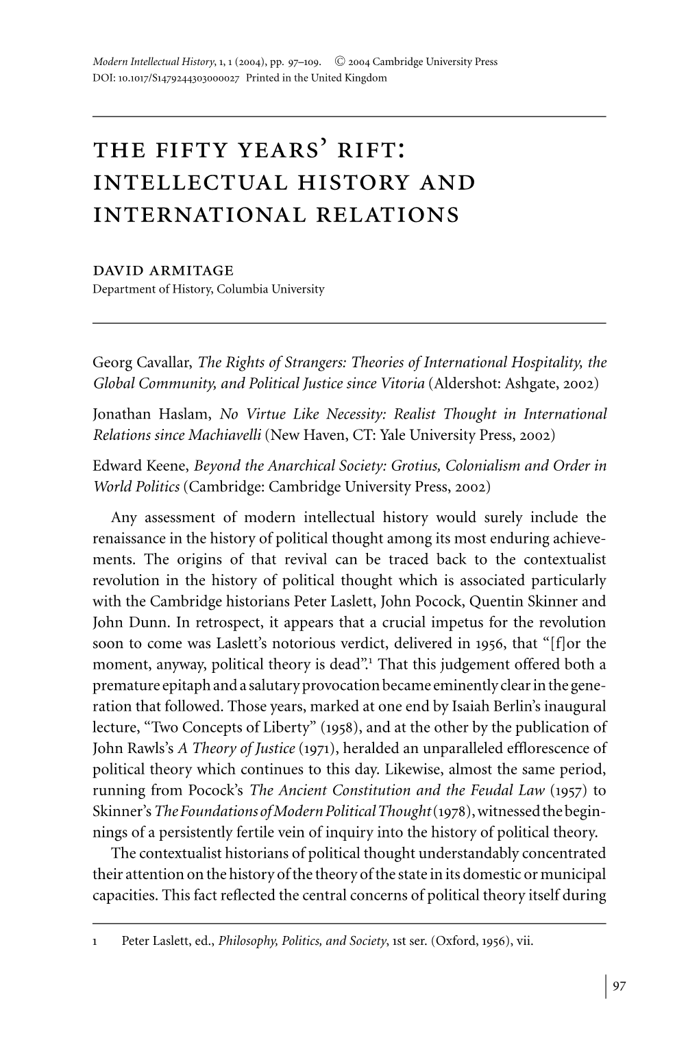 Intellectual History and International Relations David Armitage Department of History, Columbia University