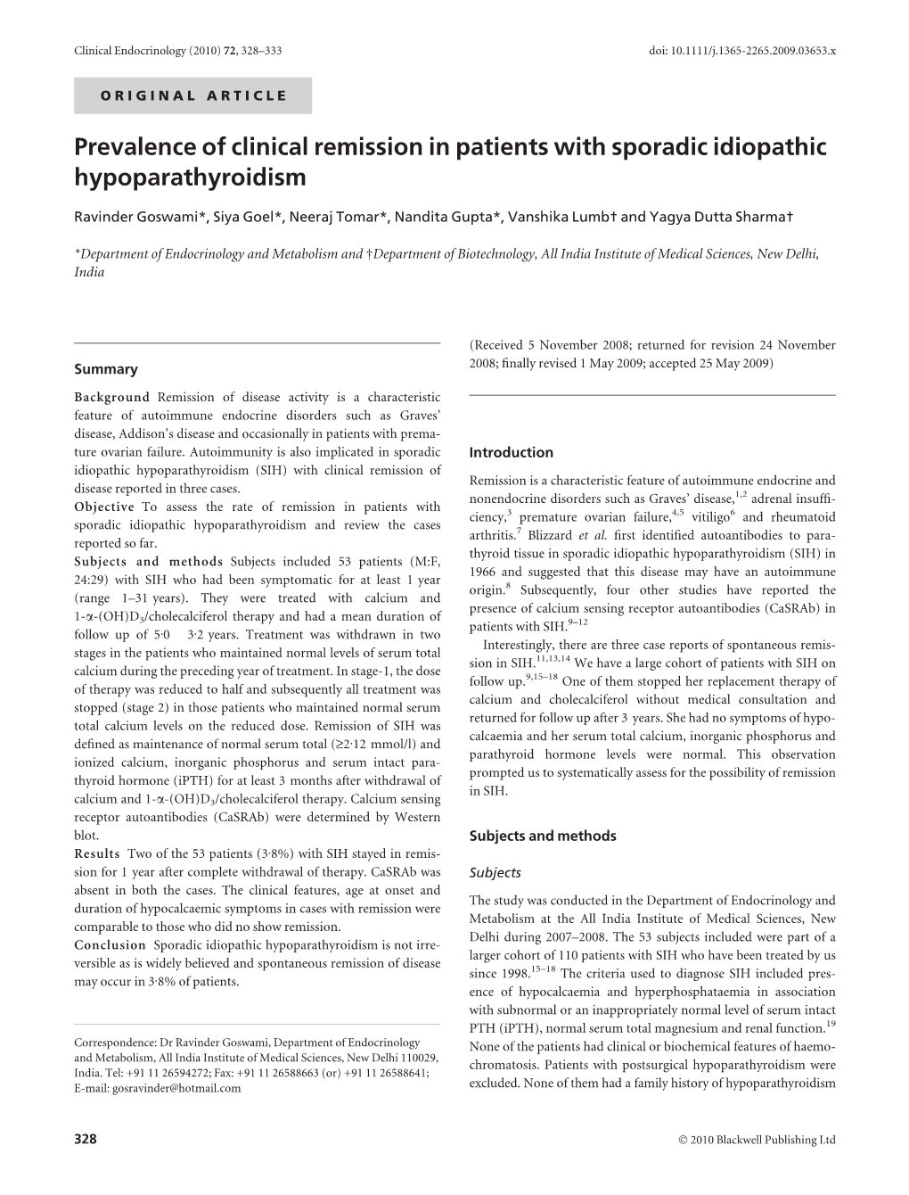 Prevalence of Clinical Remission in Patients with Sporadic Idiopathic Hypoparathyroidism