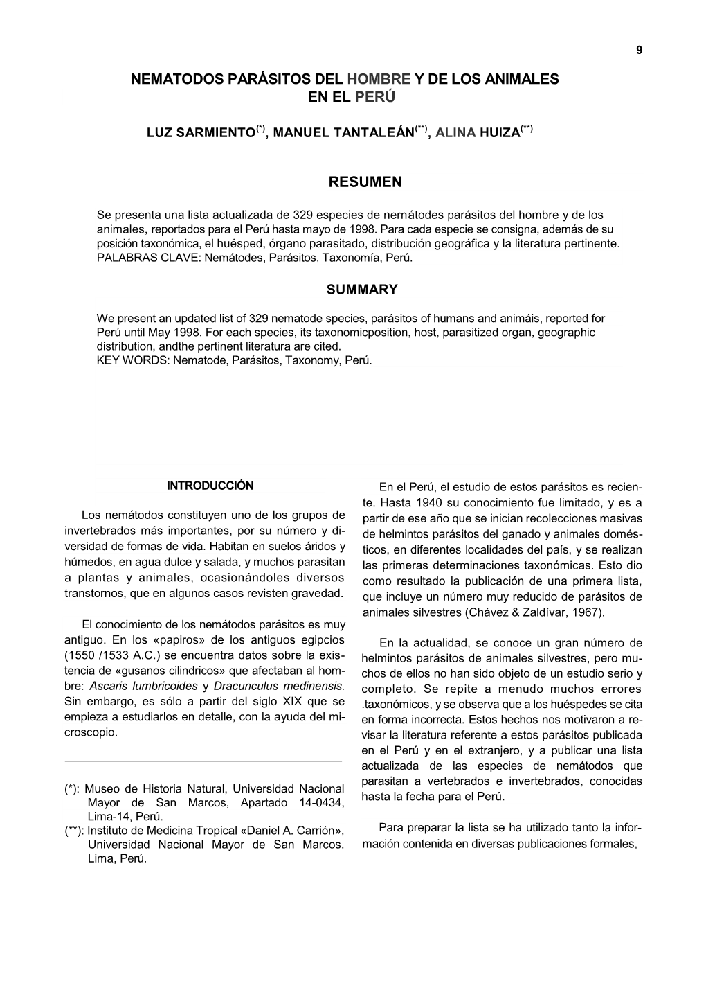 Nematodos Parásitos Del Hombre Y De Los Animales En El Perú