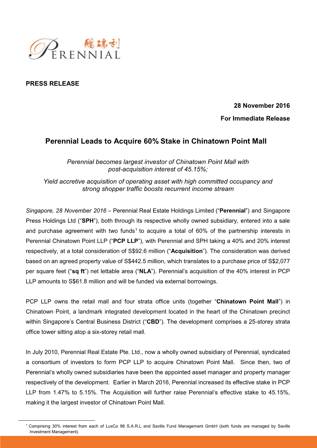 Perennial Leads to Acquire 60% Stake in Chinatown Point Mall