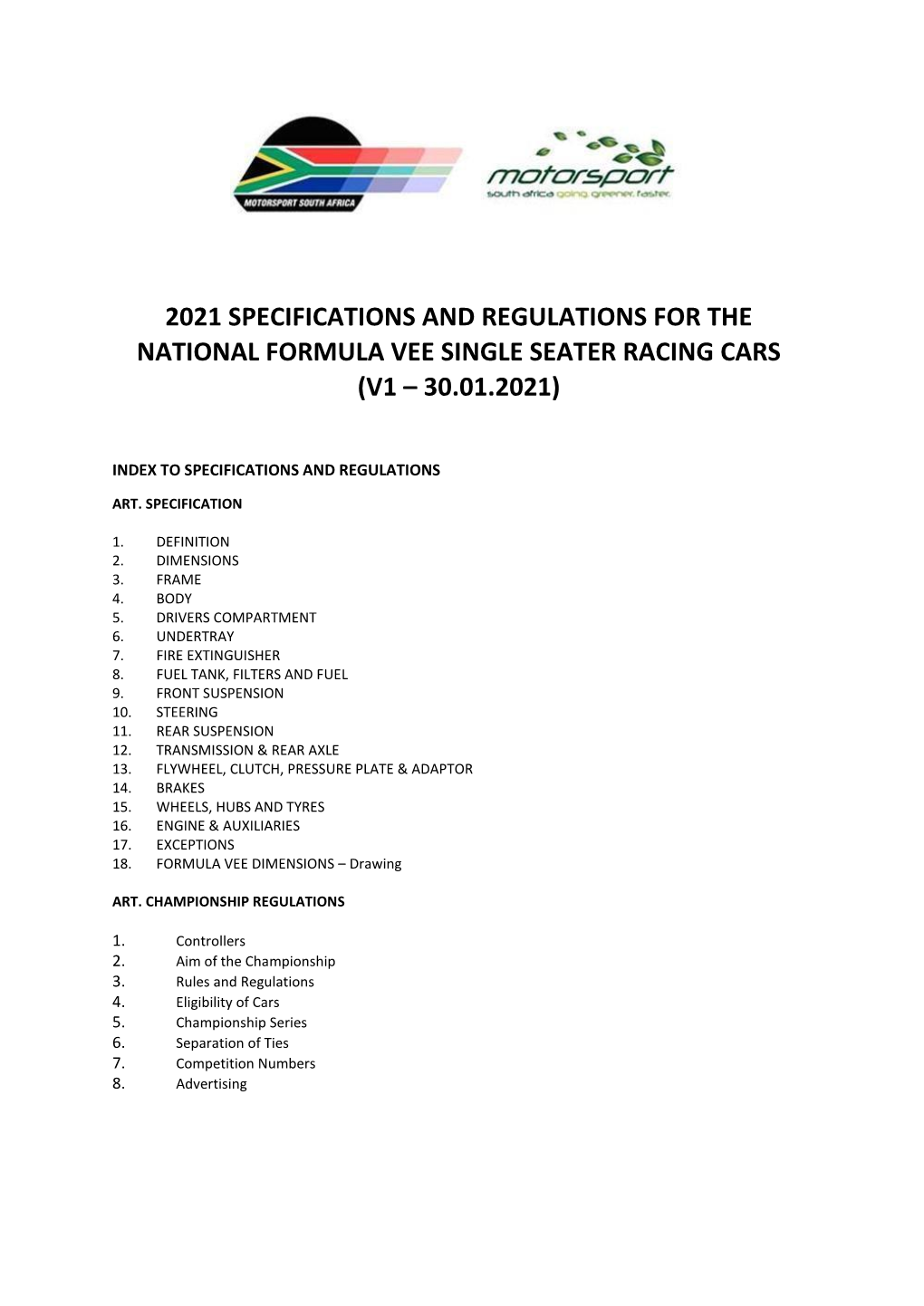 2021 Specifications and Regulations for the National Formula Vee Single Seater Racing Cars (V1 – 30.01.2021)