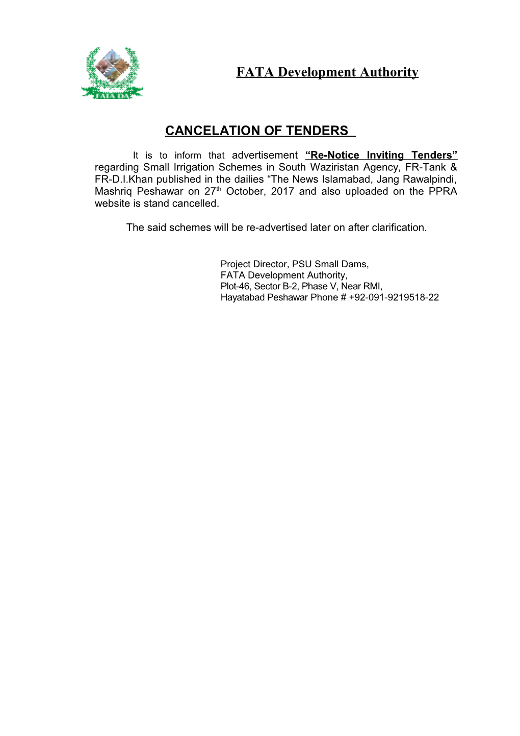 Cancelation of Tenders