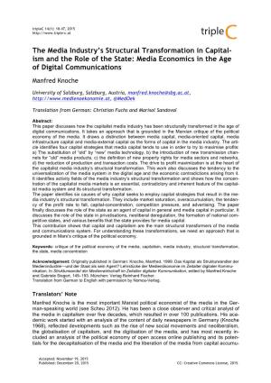 The Media Industry's Structural Transformation in Capital- Ism and the Role of the State: Media Economics in the Age of Digita