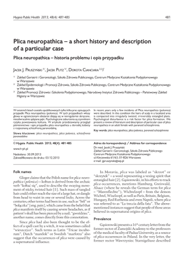 Plica Neuropathica – a Short History and Description of a Particular Case Plica Neuropathica – Historia Problemu I Opis Przypadku