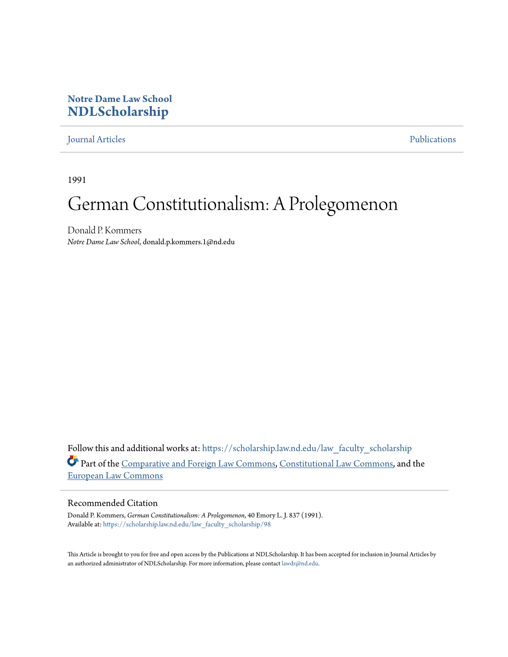 German Constitutionalism: a Prolegomenon Donald P