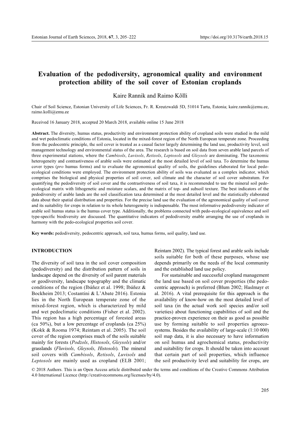 Evaluation of the Pedodiversity, Agronomical Quality and Environment Protection Ability of the Soil Cover of Estonian Croplands