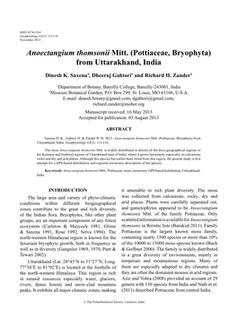 ANOECTANGIUM THOMSONII MITT. (POTTIACEAE, BRYOPHYTA) from UTTARAKHAND, INDIA 111 Geophytology 43(2): 111-116 November 2013 Anoectangium Thomsonii Mitt