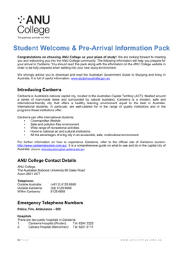 Student Welcome & Pre-Arrival Information Pack