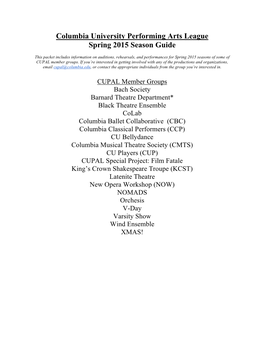 Columbia University Performing Arts League Spring 2015 Season Guide