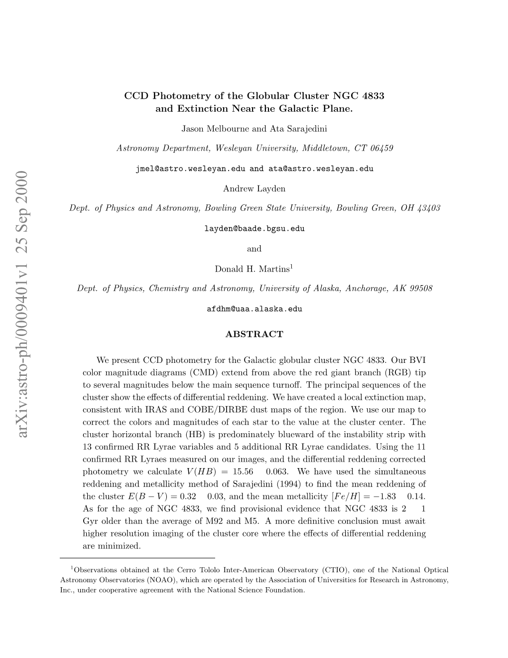 CCD Photometry of the Globular Cluster NGC 4833 and Extinction