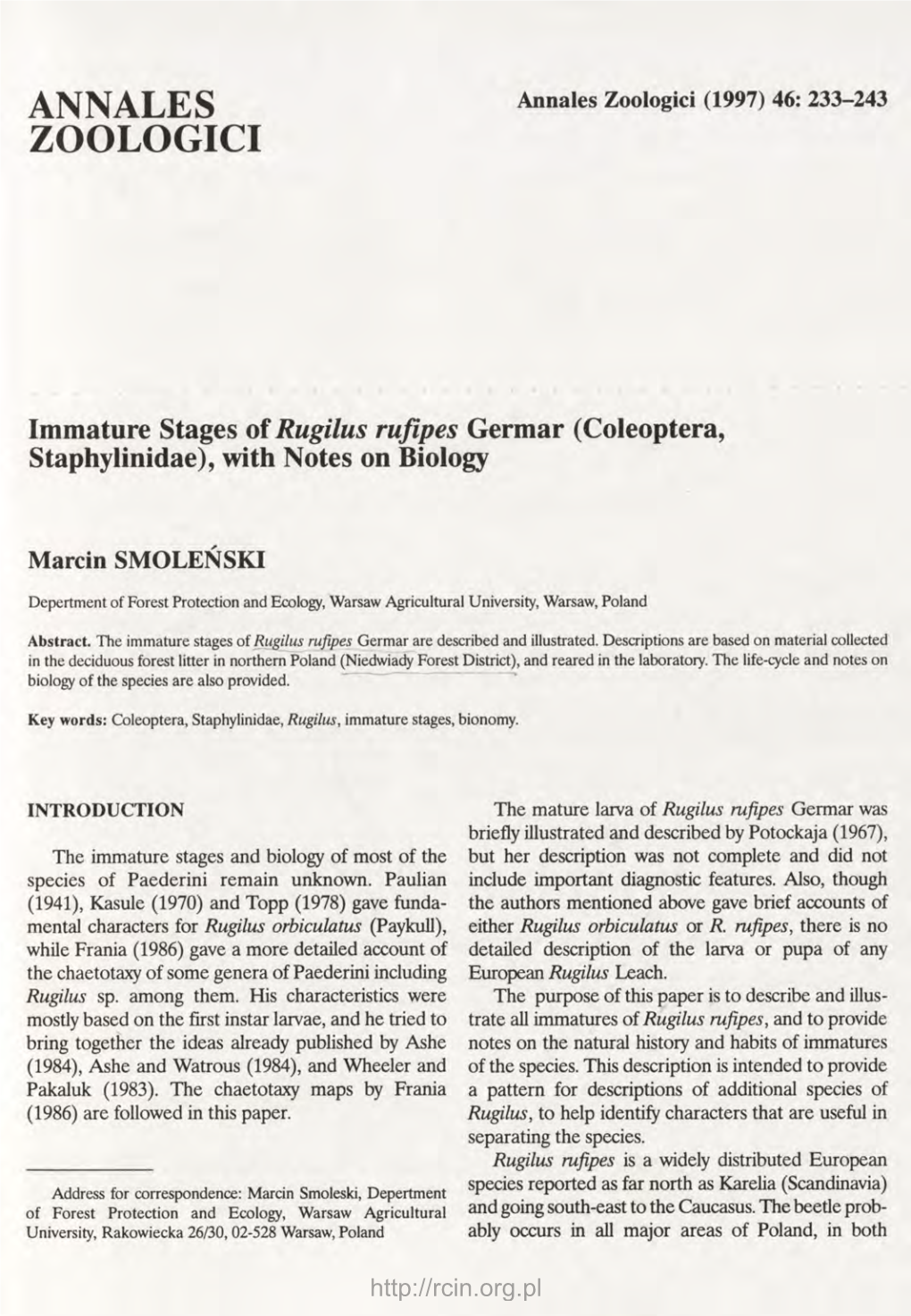 Mmature Stages of Rugilus Rufipes Germar (Coleoptera, Staphylinidae), with Notes on Biology