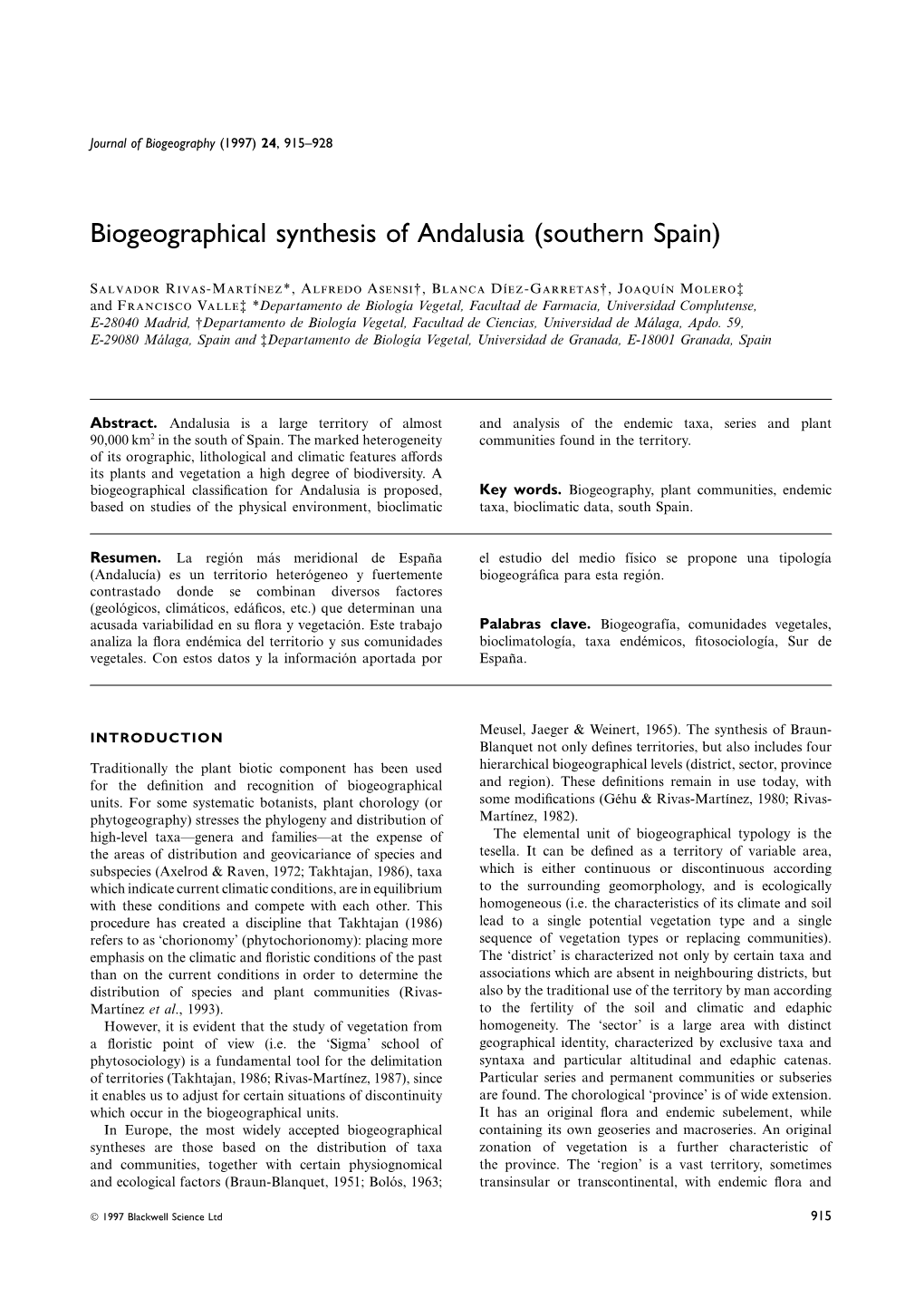 Biogeographical Synthesis of Andalusia (Southern Spain)