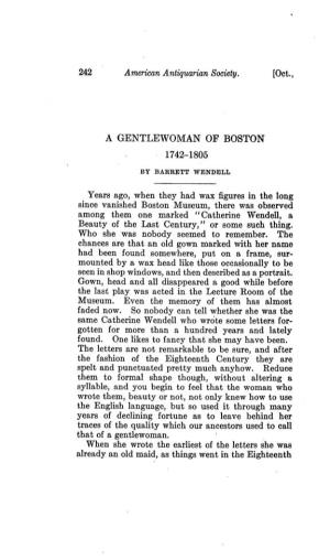 A GENTLEWOMAN of BOSTON 1742-1805 Years Ago, When They Had