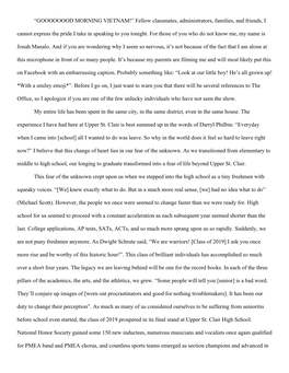 GOOOOOOOD MORNING VIETNAM!” Fellow Classmates, Administrators, Families, and Friends, I Cannot Express the Pride I Take in Speaking to You Tonight