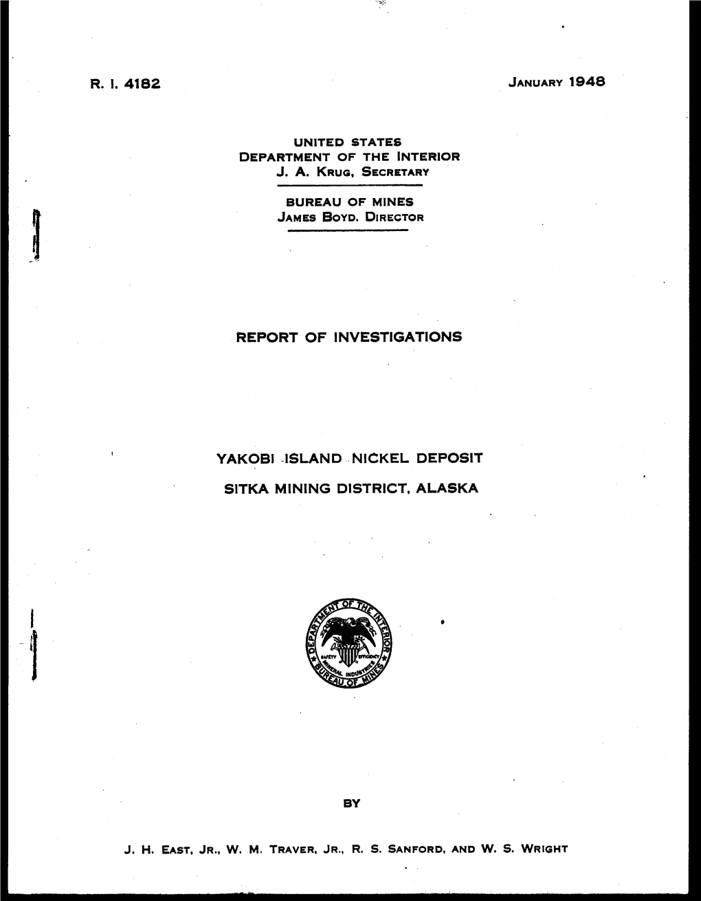 R. I. 4182 Report of Investigations Yakobi Island