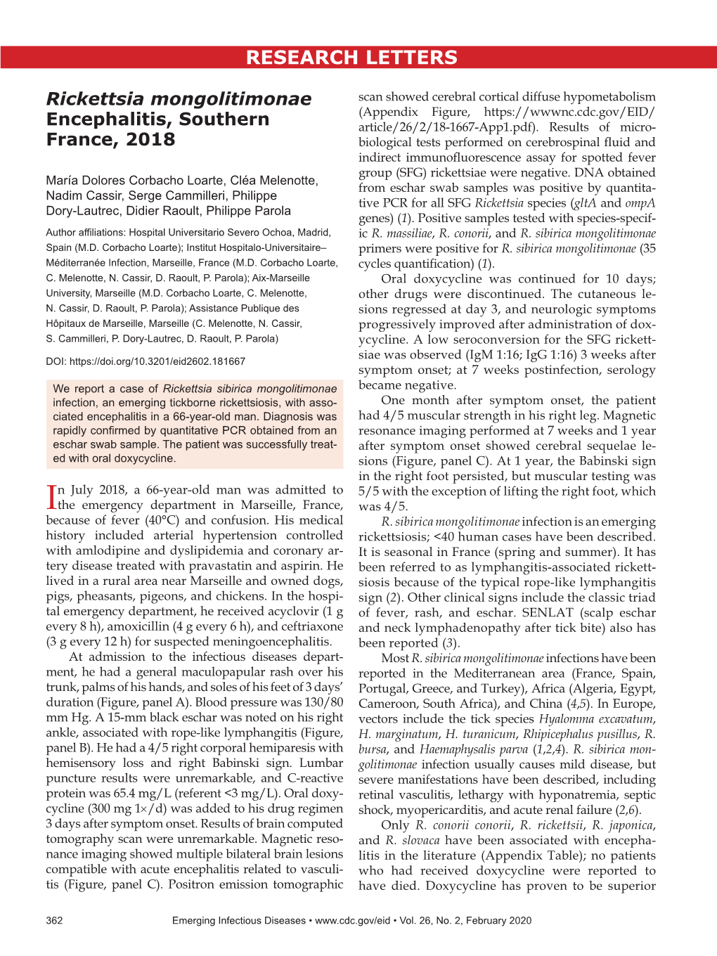 Rickettsia Mongolitimonae Encephalitis, Southern France, 2018