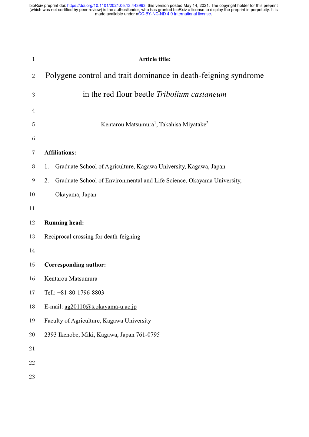 Polygene Control and Trait Dominance in Death-Feigning Syndrome in the Red Flour Beetle Tribolium Castaneum