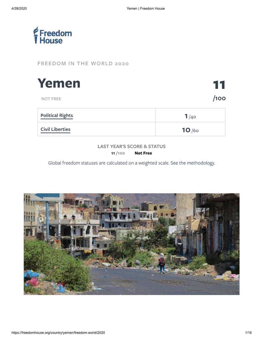 FREEDOM in the WORLD 2020 Yemen 11 NOT FREE /100