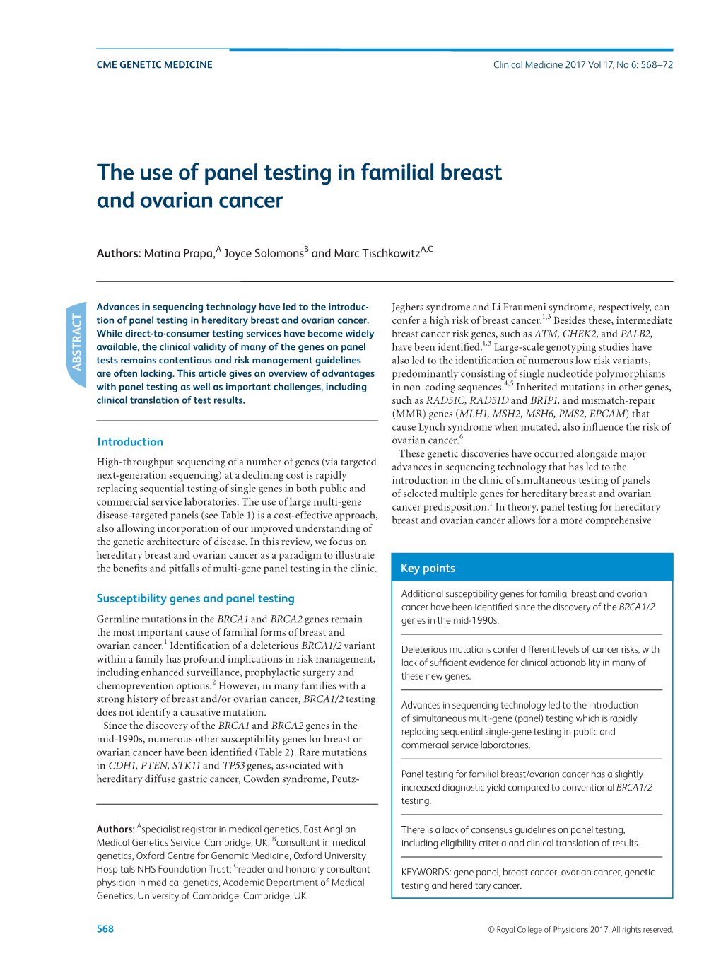 The Use of Panel Testing in Familial Breast and Ovarian Cancer