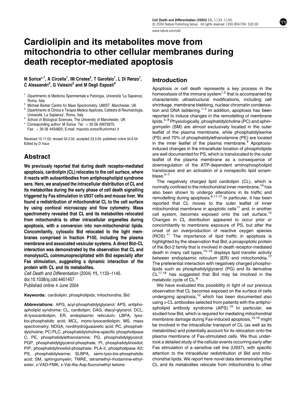 Cardiolipin and Its Metabolites Move from Mitochondria to Other Cellular Membranes During Death Receptor-Mediated Apoptosis