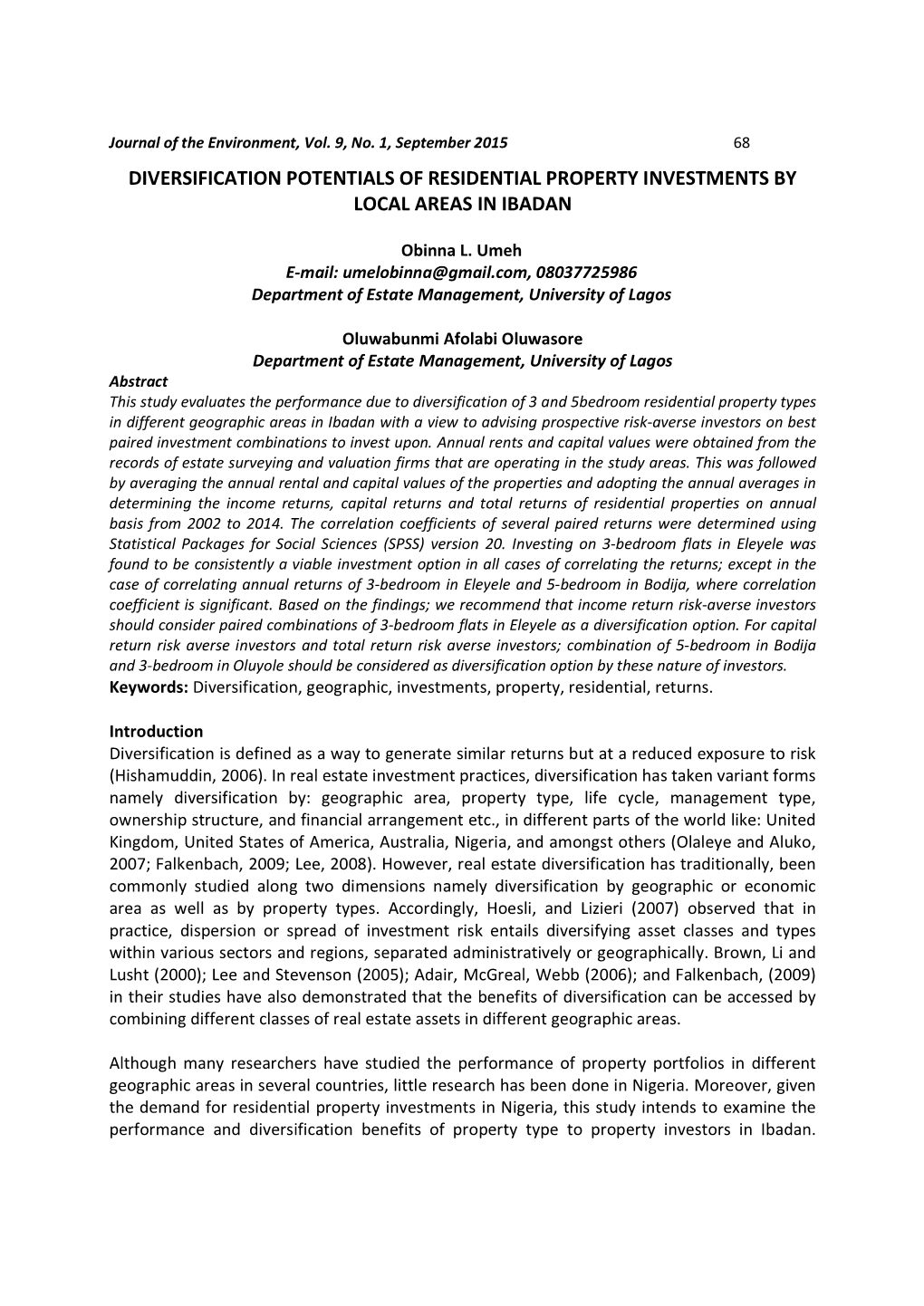 Diversification Potentials of Residential Property Investments by Local Areas in Ibadan