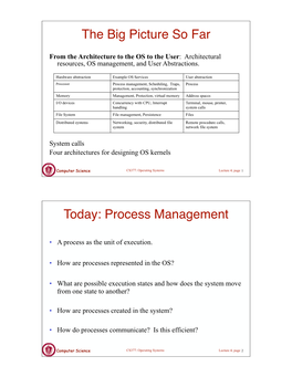 The Big Picture So Far Today: Process Management