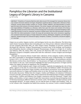 Pamphilus the Librarian and the Institutional Legacy of Origen's