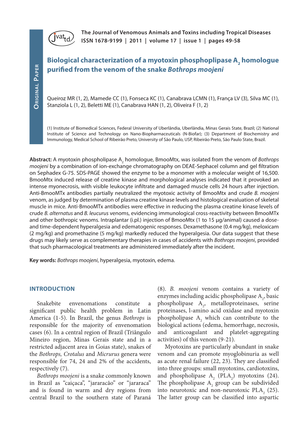 Biological Characterization of a Myotoxin Phosphoplipase A2 Homologue Er