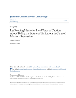Words of Caution About Tolling the Statute of Limitations in Cases of Memory Repression Gary M