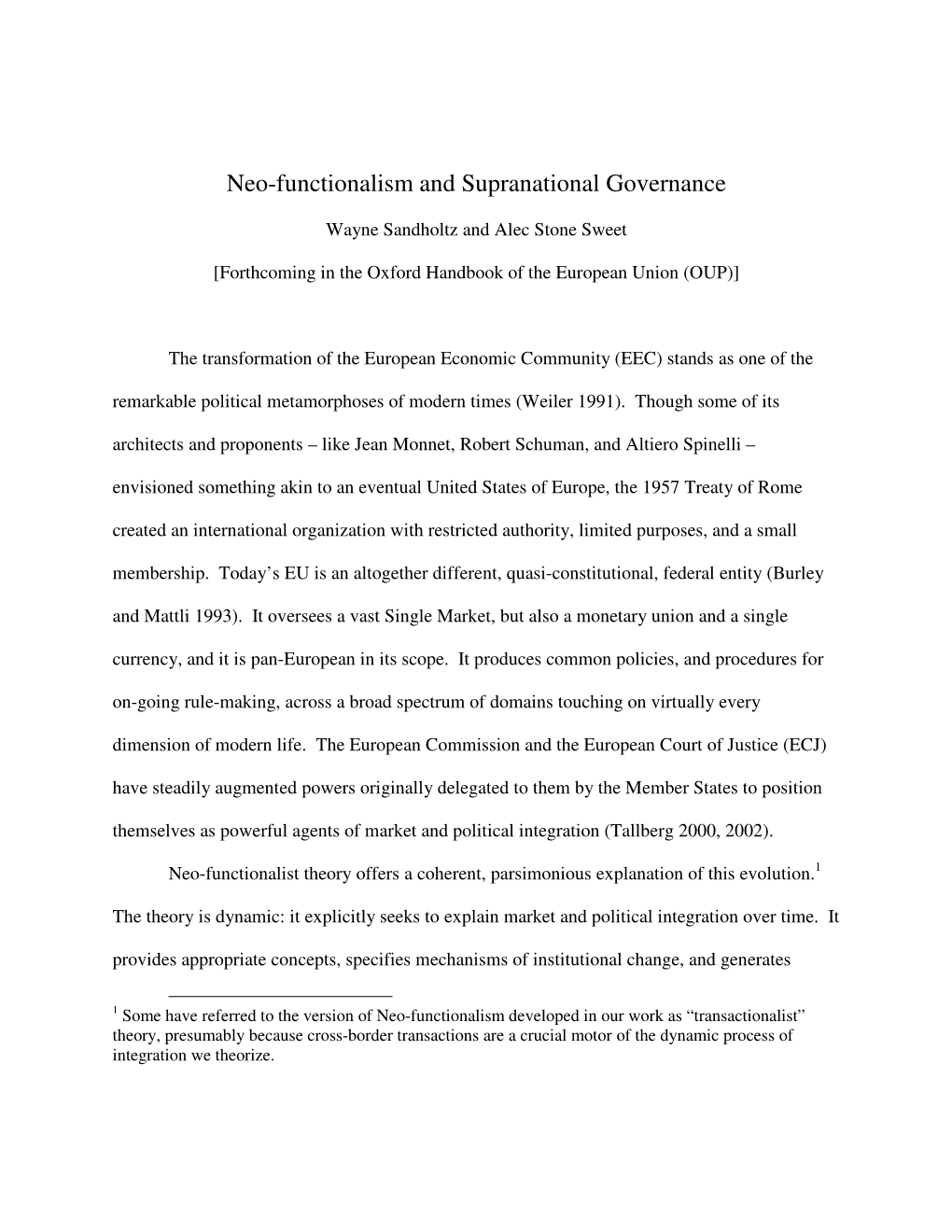 Neo-Functionalism and Supranational Governance, In