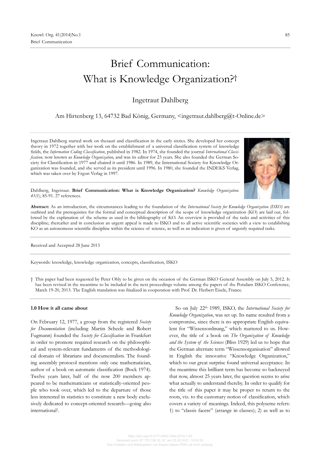 Brief Communication: What Is Knowledge Organization?†