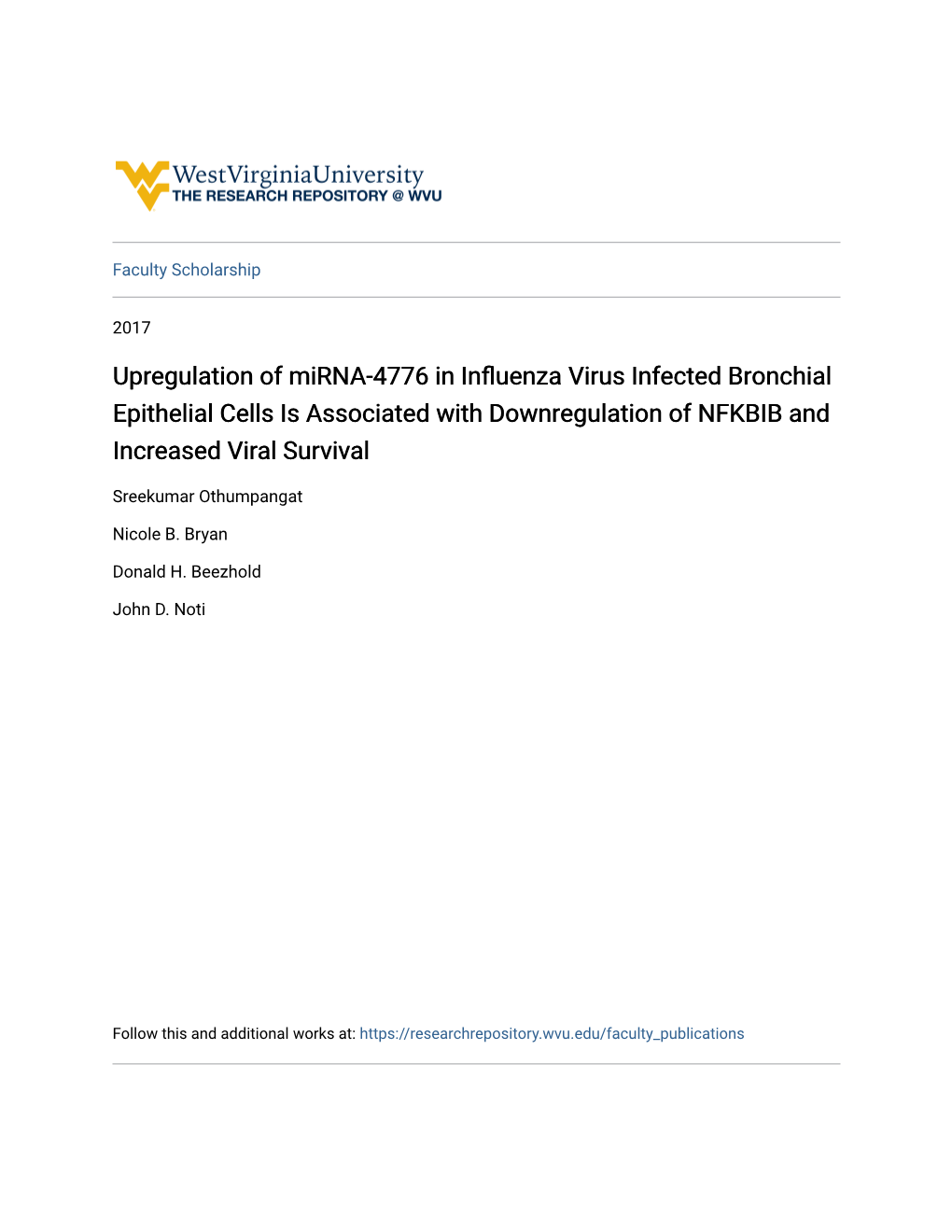 Upregulation of Mirna-4776 in Influenza Virus Infected Bronchial Epithelial Cells Is Associated with Downregulation of NFKBIB and Increased Viral Survival