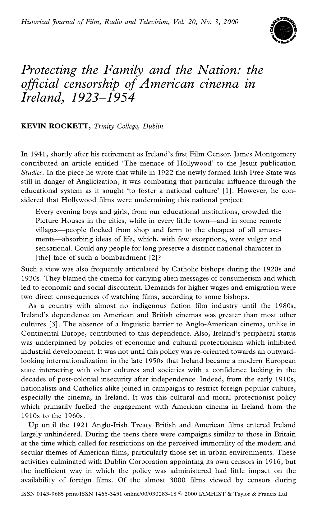 The Official Censorship of American Cinema in Ireland, 1923-1954