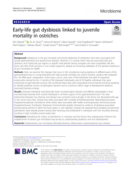 Early-Life Gut Dysbiosis Linked to Juvenile Mortality in Ostriches Elin Videvall1,2* , Se Jin Song3,4, Hanna M
