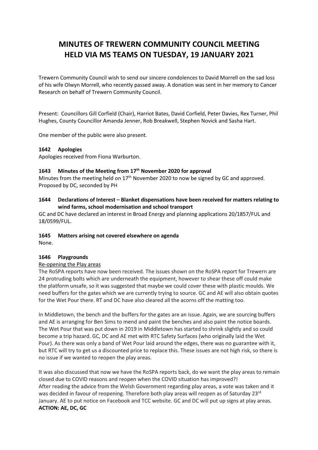 Minutes of Trewern Community Council Meeting Held Via Ms Teams on Tuesday, 19 January 2021