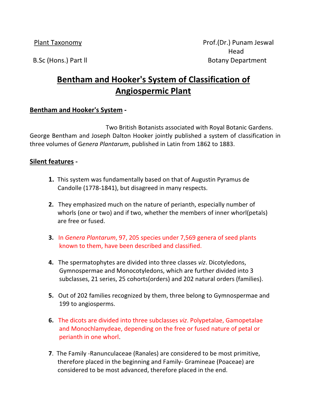 Bentham and Hooker's System of Classification of Angiospermic Plant