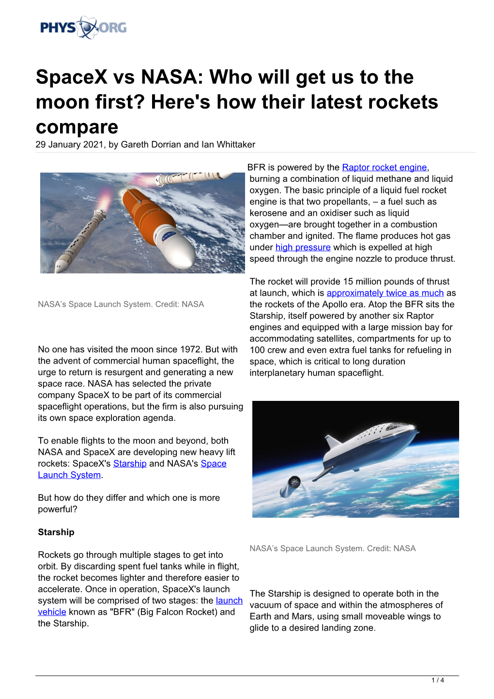 Spacex Vs NASA: Who Will Get Us to the Moon First? Here's How Their Latest Rockets Compare 29 January 2021, by Gareth Dorrian and Ian Whittaker